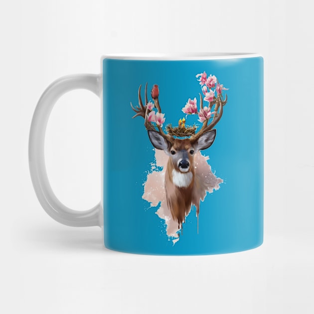 Deer with bird and flowers by stark.shop